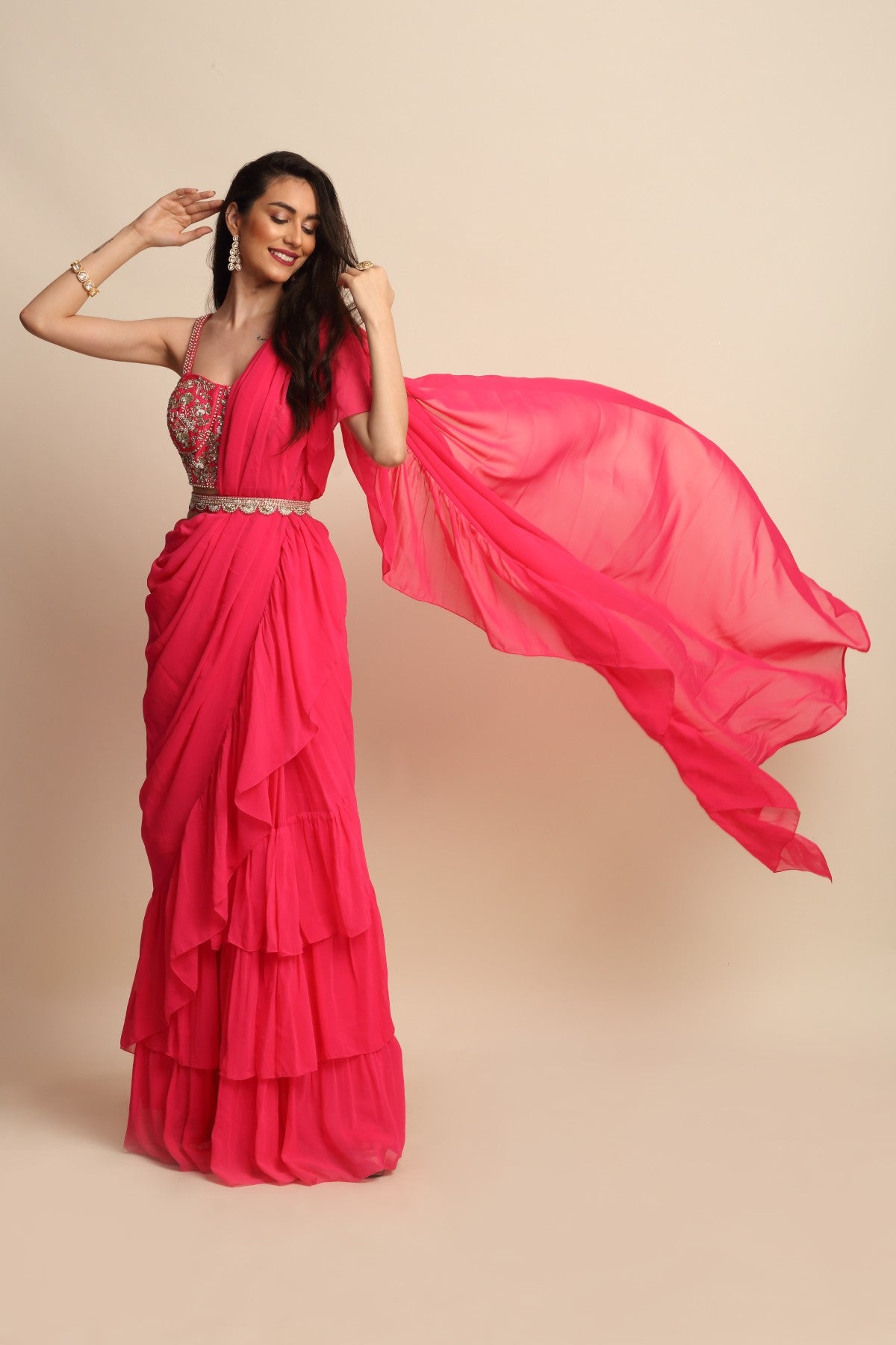 Fuchsia Zardosi Ruffle Saree