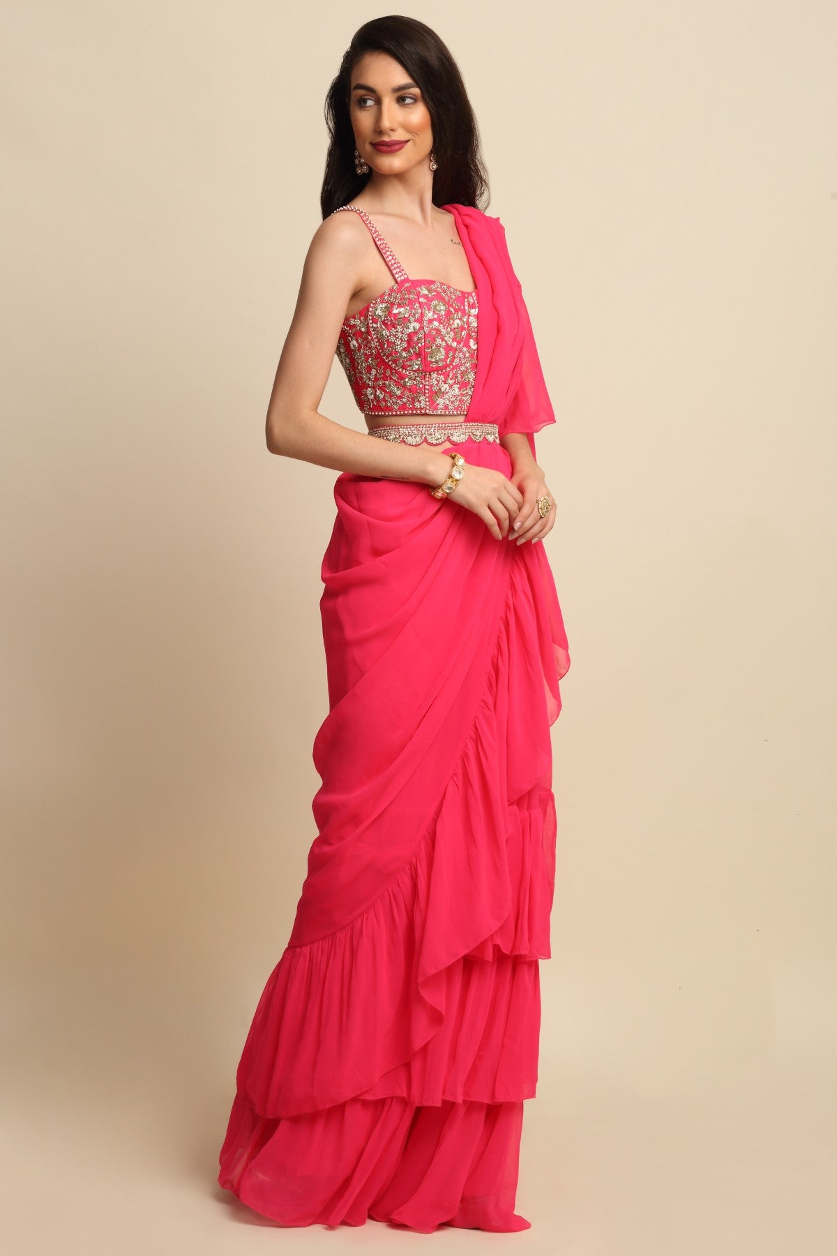 Fuchsia Zardosi Ruffle Saree