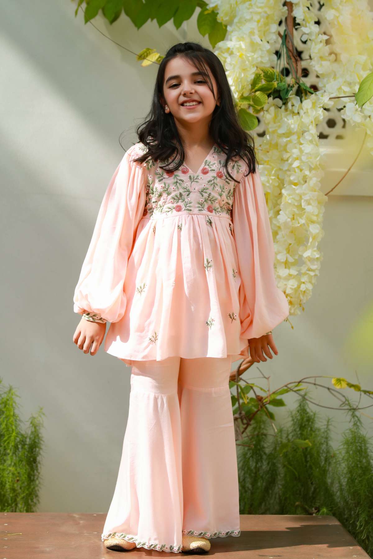 Buy Kids Designer Littleens Delicate hand embroidered scalloped kurta and sharara with flared sleeves Online at ScrollnShops