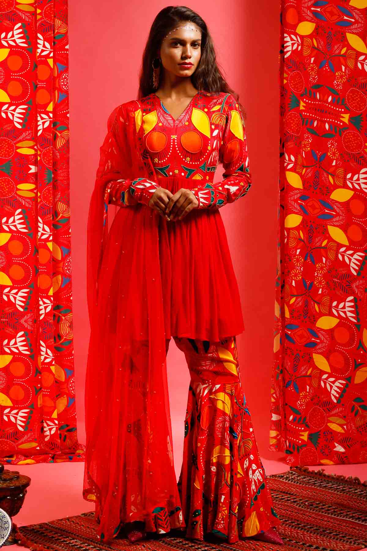 Red Printed Peplum Kurta Set
