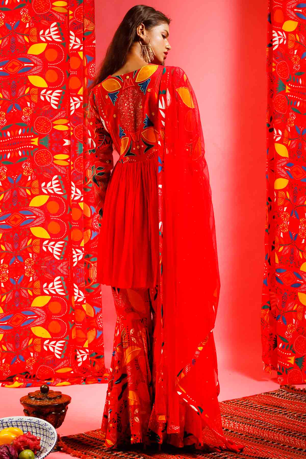 Red Printed Peplum Kurta Set