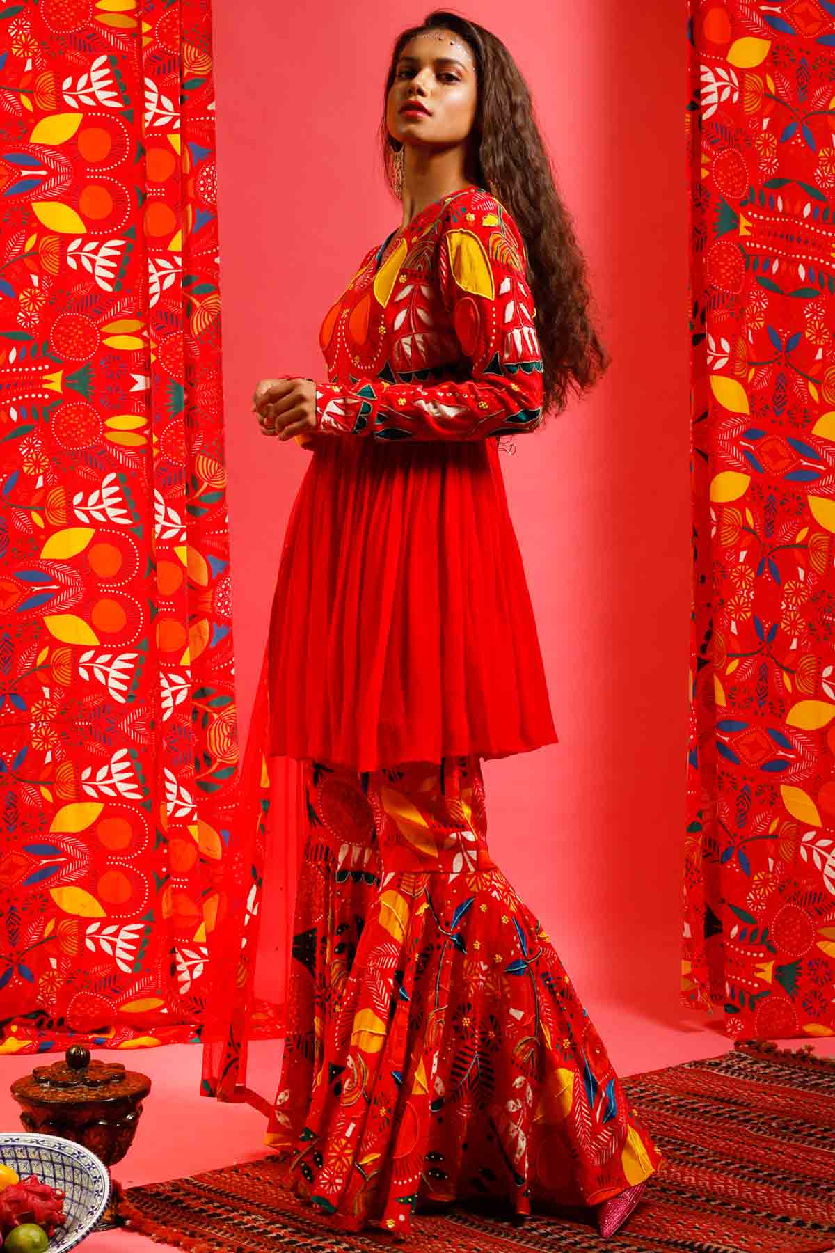 Red Printed Peplum Kurta Set