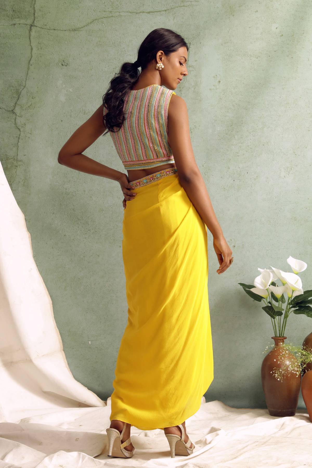 Yellow Zardosi Draped Skirt Set