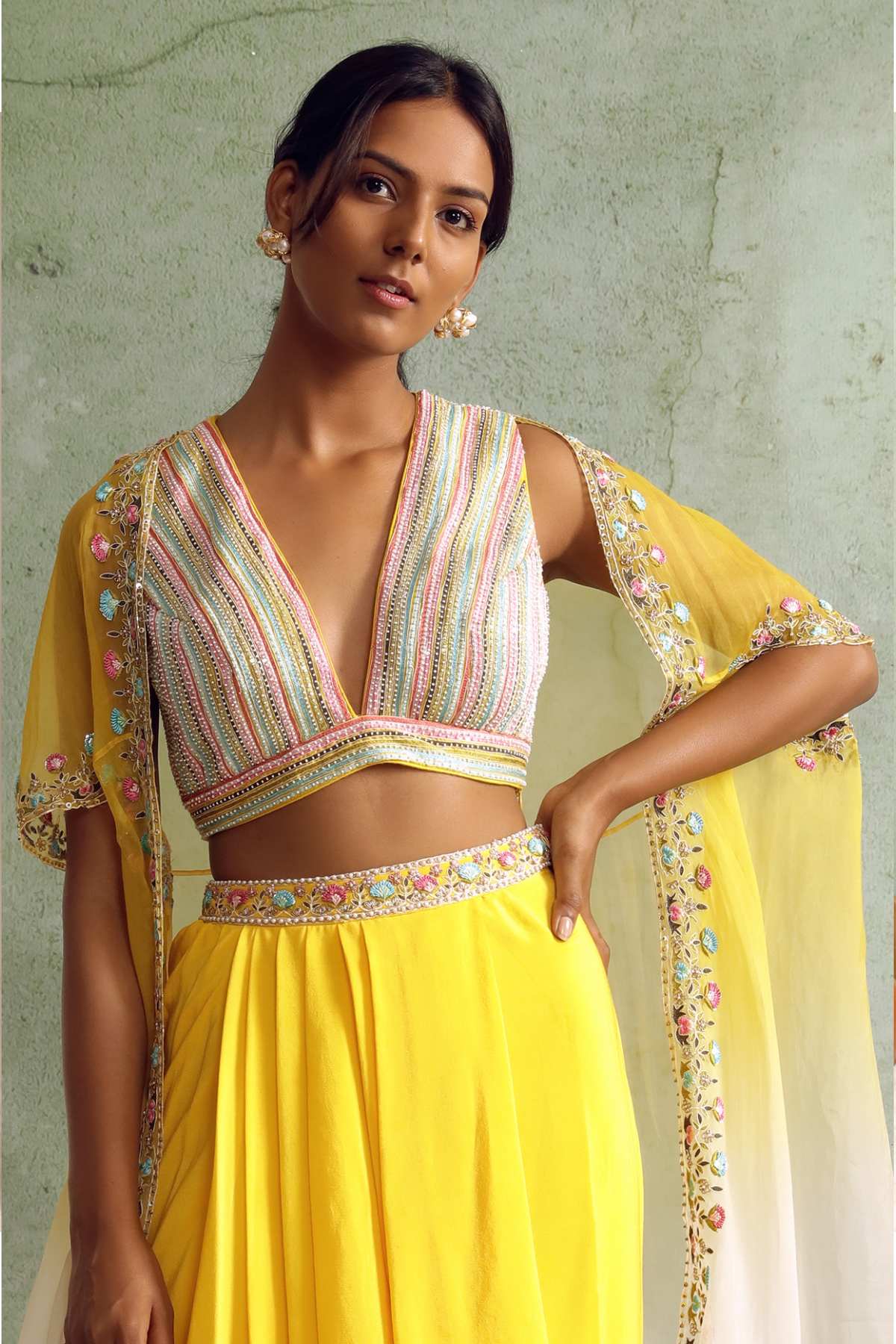Yellow Zardosi Draped Skirt Set