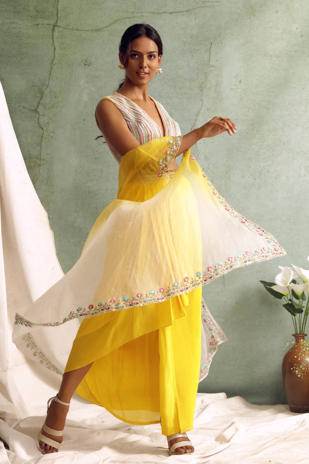 Yellow Zardosi Draped Skirt Set
