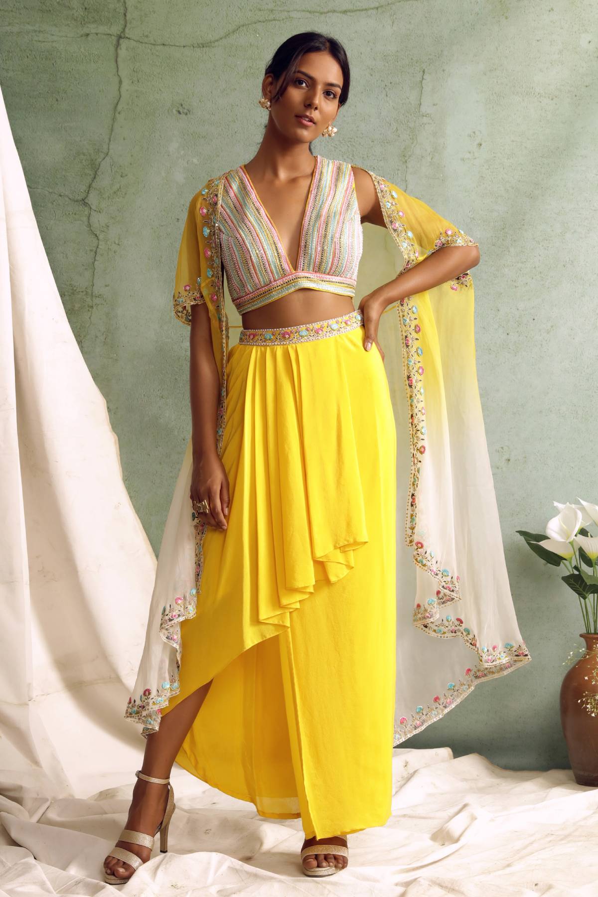 Yellow Zardosi Draped Skirt Set