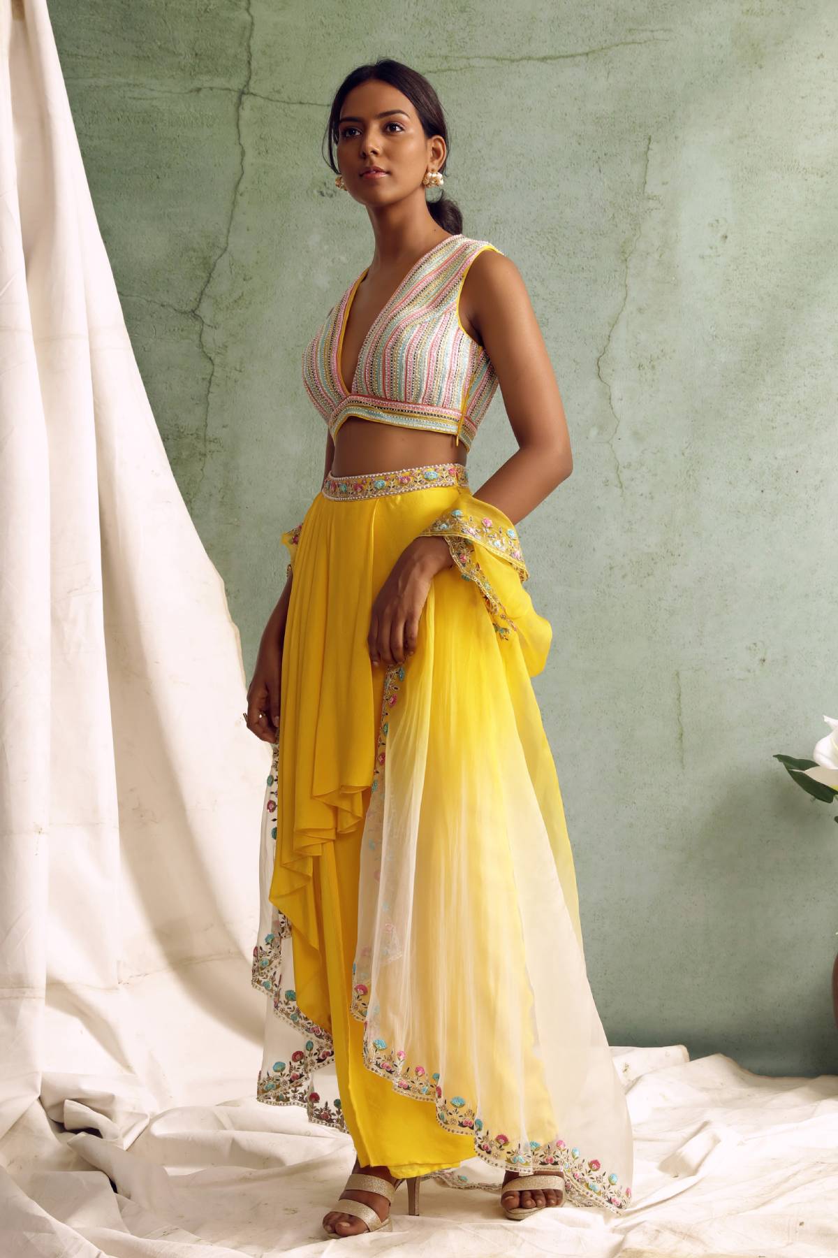 Yellow Zardosi Draped Skirt Set