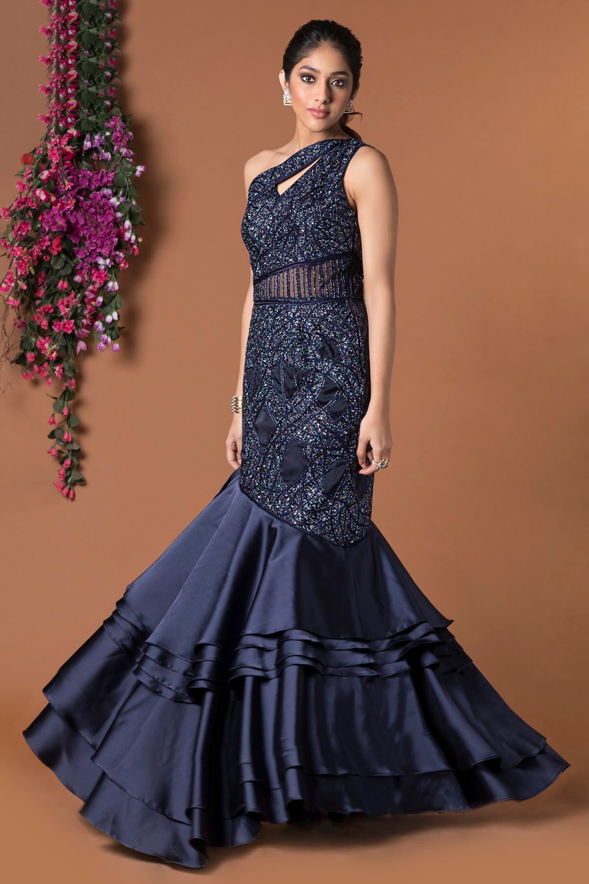 Navy Blue Fish Cut Embroidered Gown