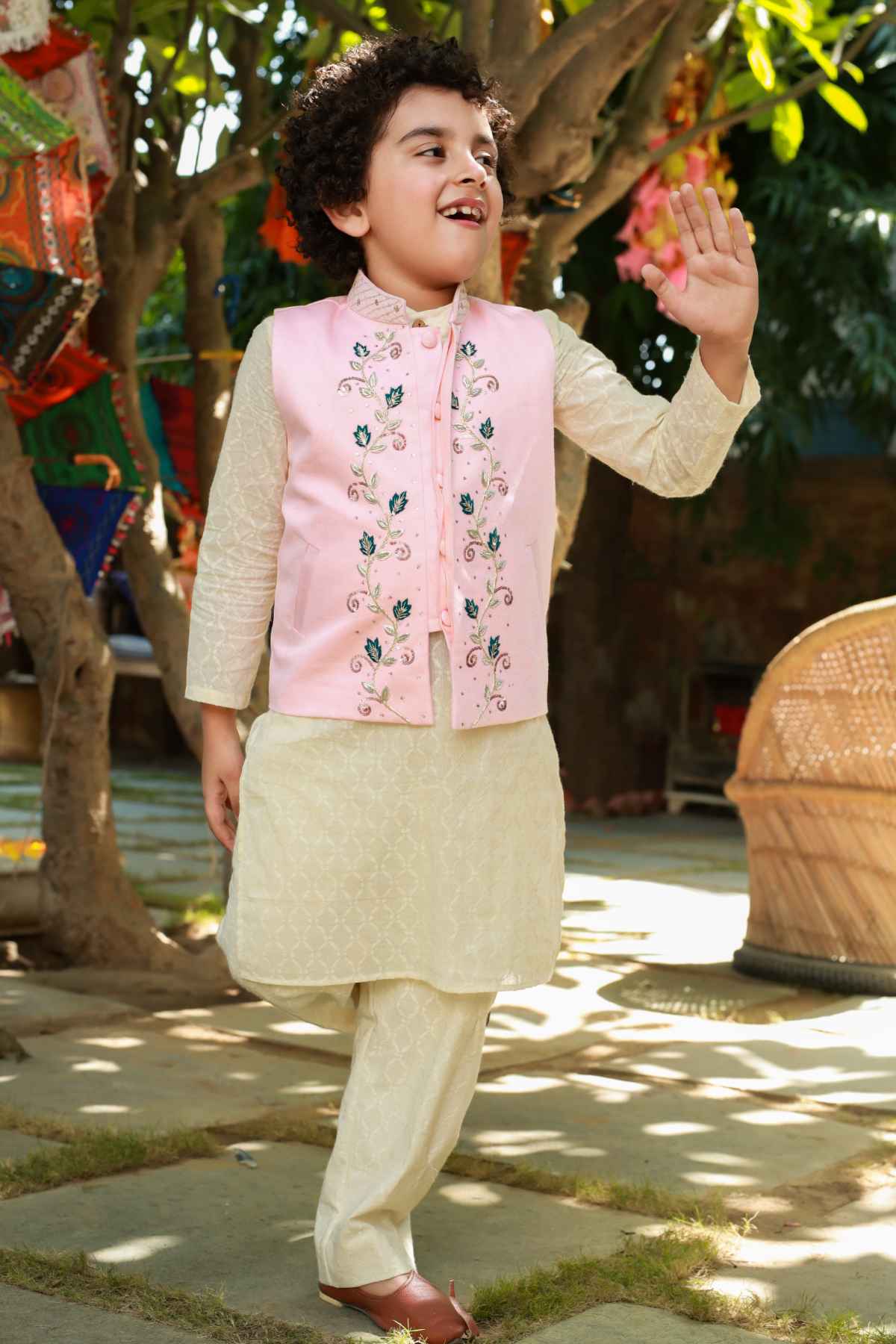 Buy Kids Designer Littleens Zari embroidered nehru jacket with checkered pattern kurta and trousers Online at ScrollnShops