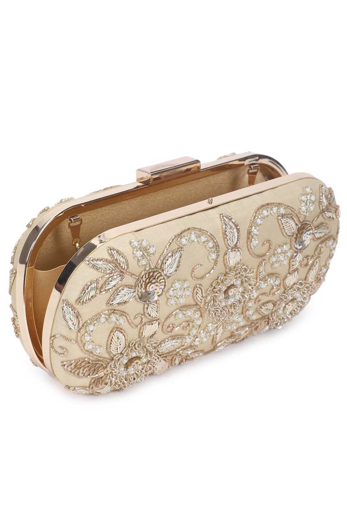 Floral Embroidered Gold Clutch