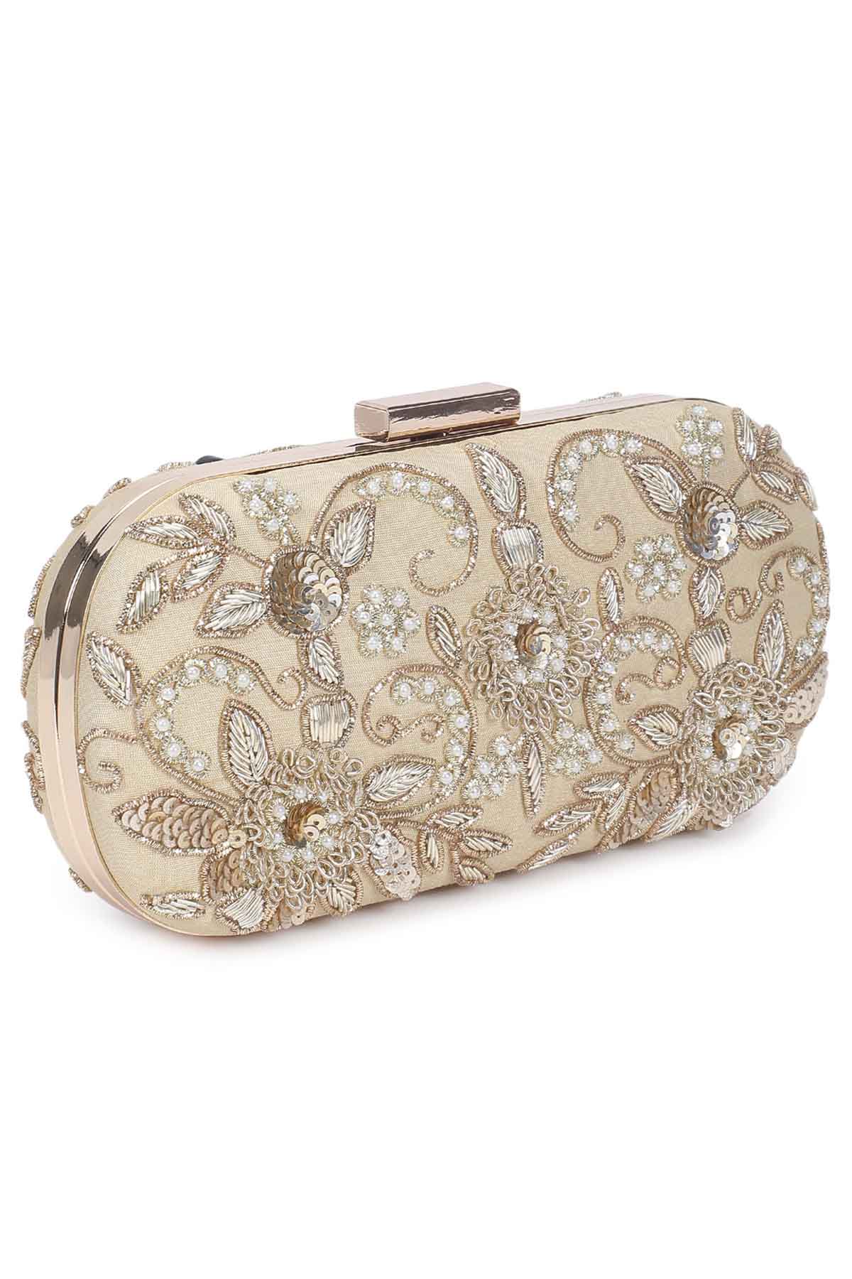 Floral Embroidered Gold Clutch