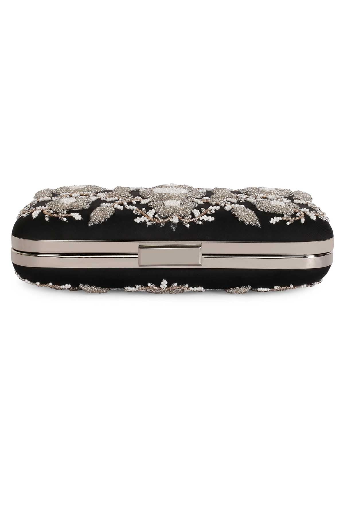 Black Floral Embroidered Clutch