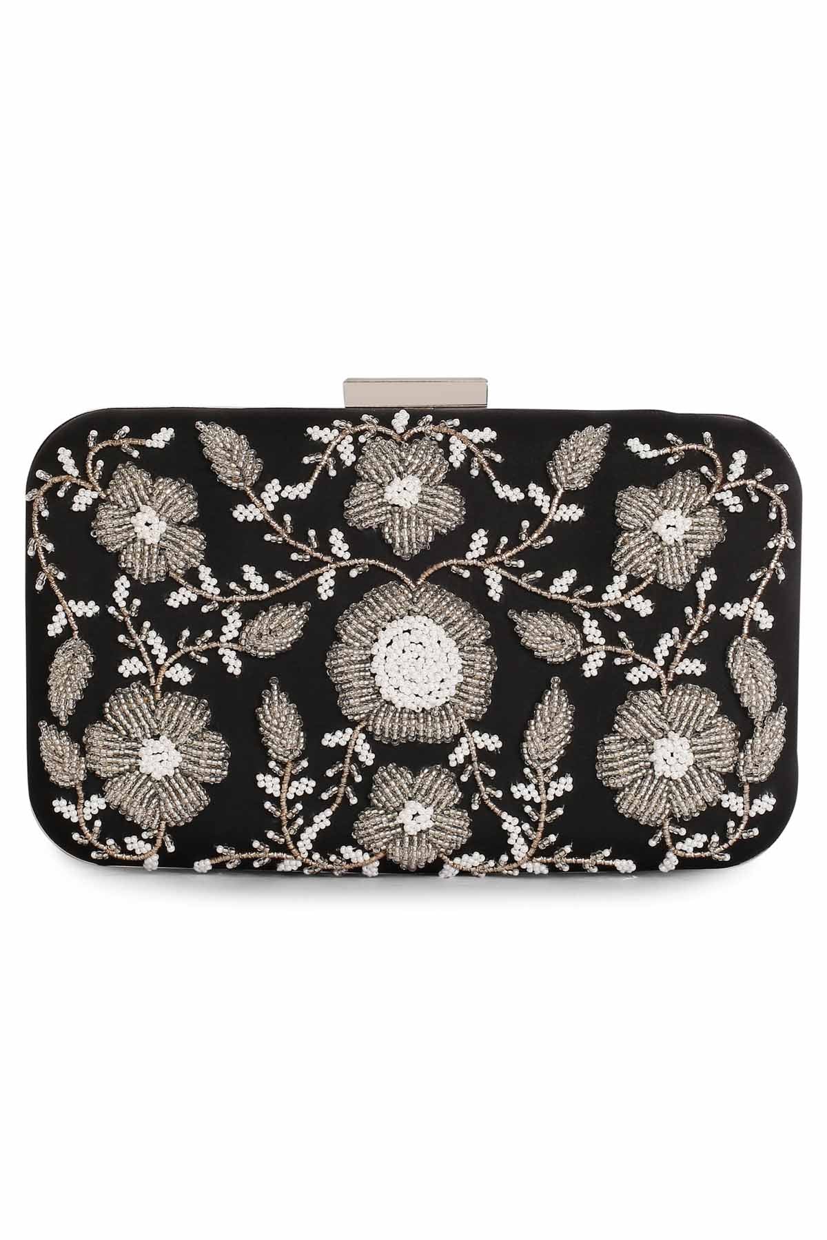 Black Floral Embroidered Clutch