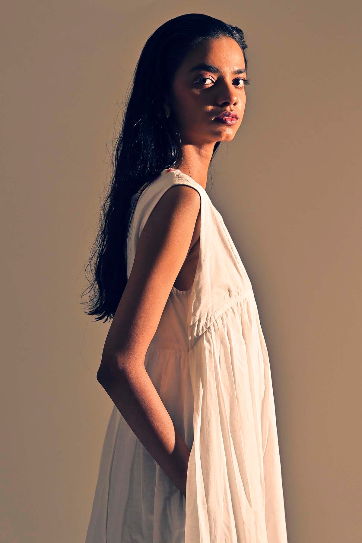 White Embroidered Neck Dress