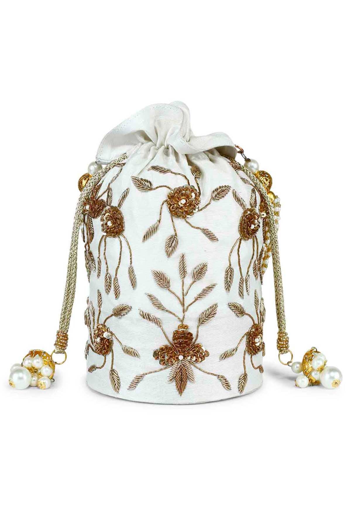 White Floral Embroidered Potli