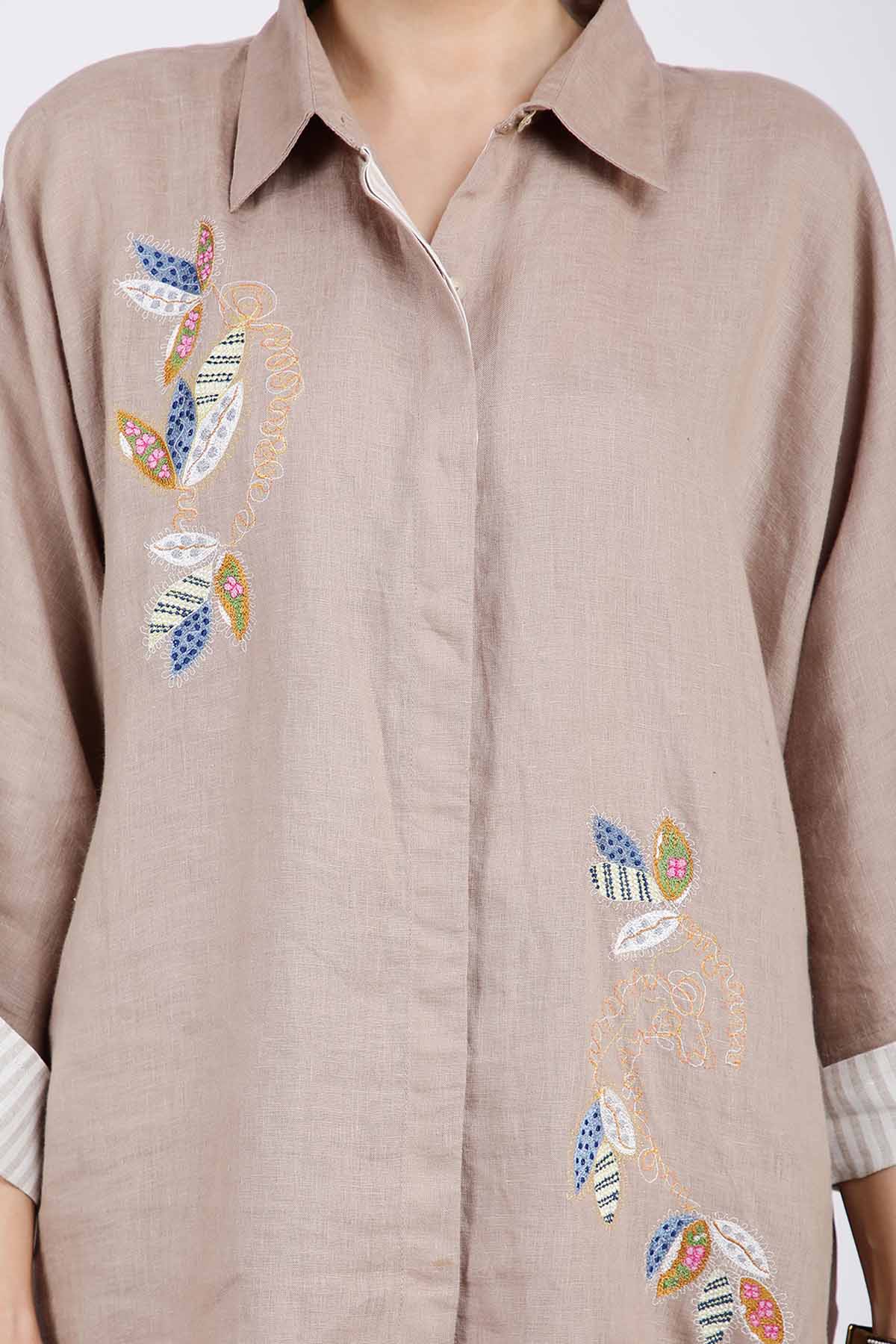 Khaki Floral Embroidered Shirt
