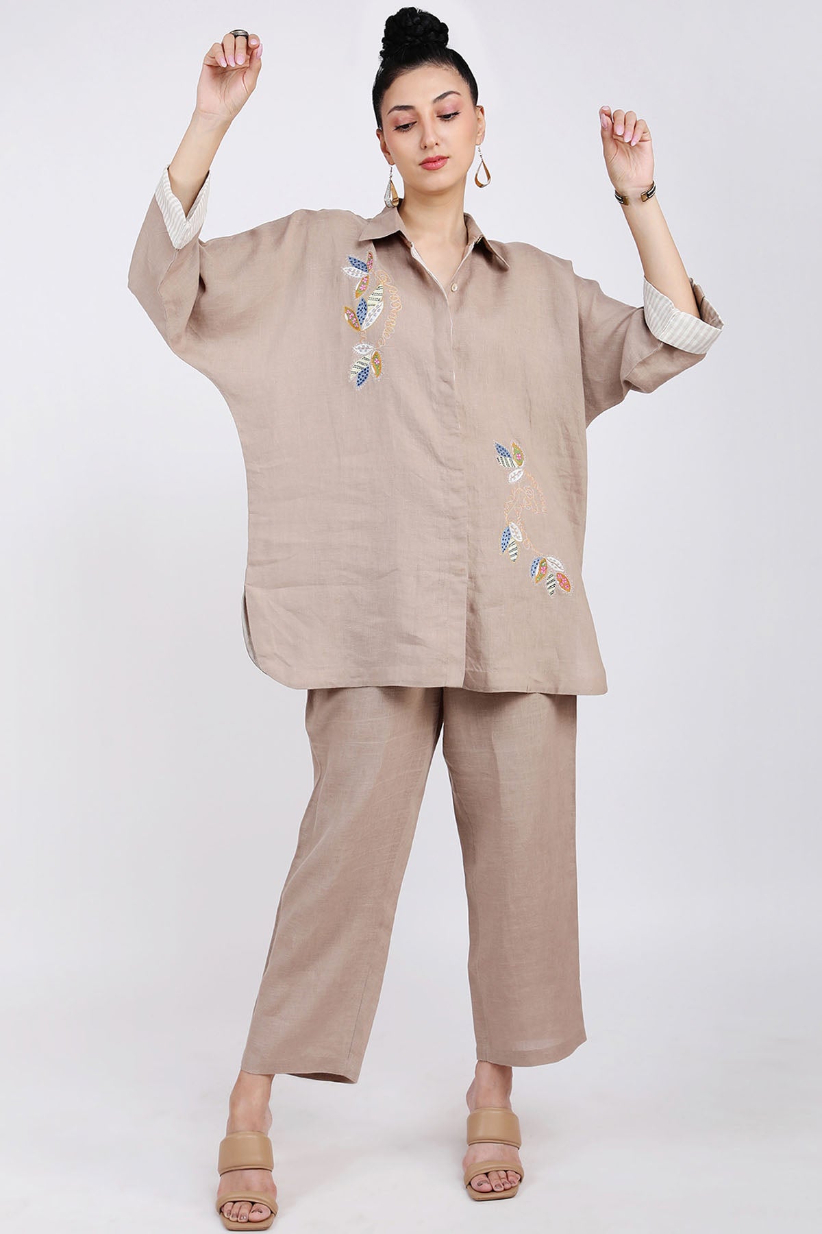 Khaki Floral Embroidered Shirt