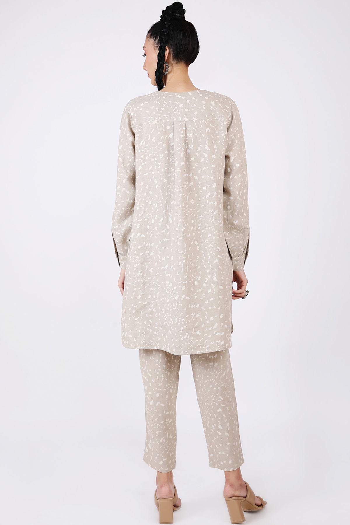 Beige Printed 100% Linen Tunic