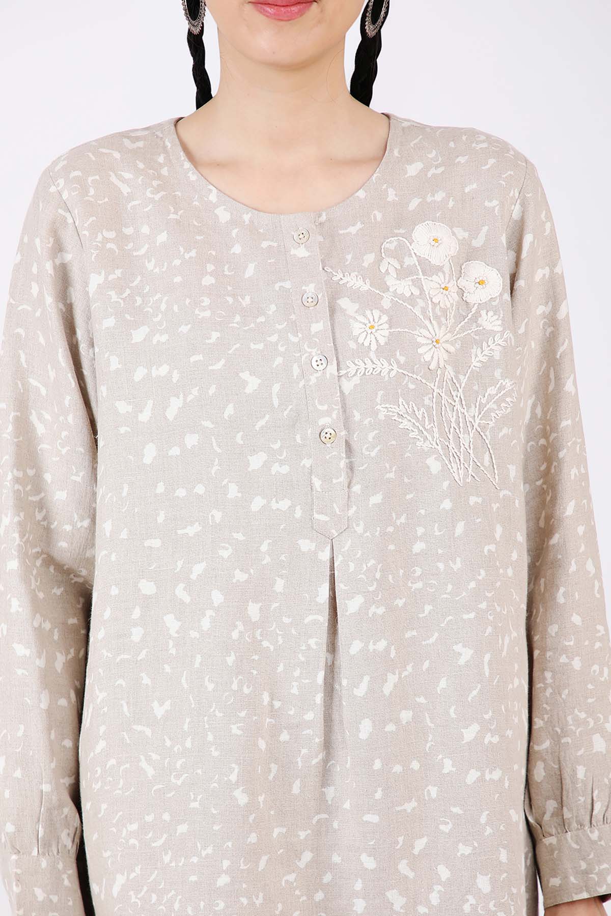 Beige Printed 100% Linen Tunic