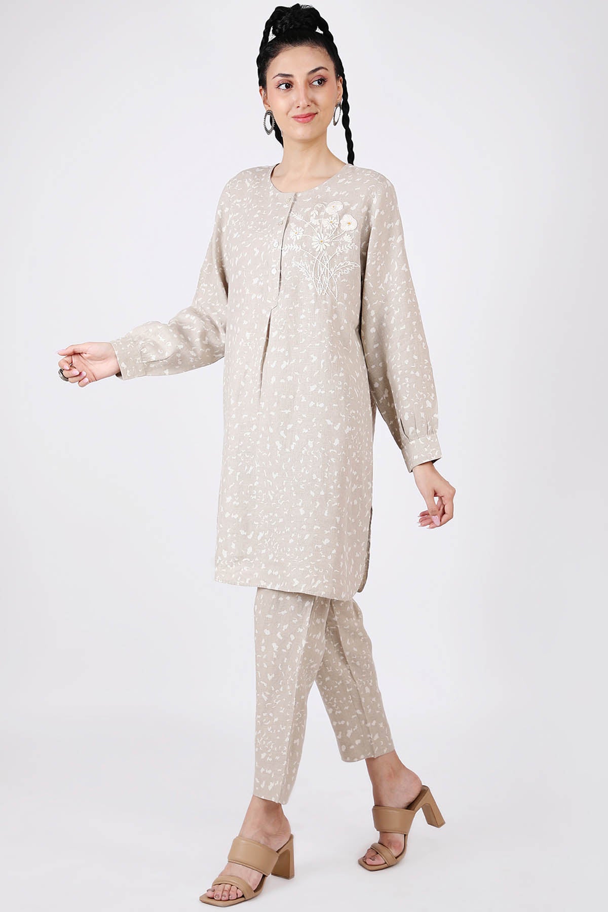 Beige Printed 100% Linen Tunic