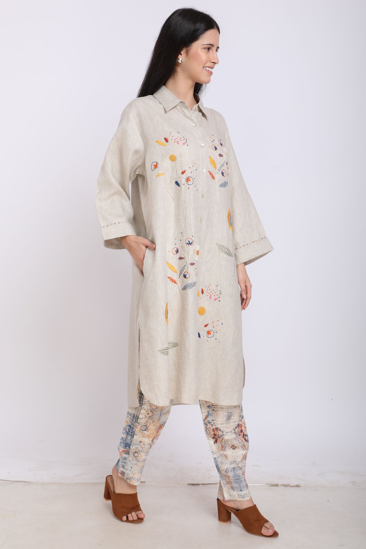 Beige Embroidered Floral Tunic