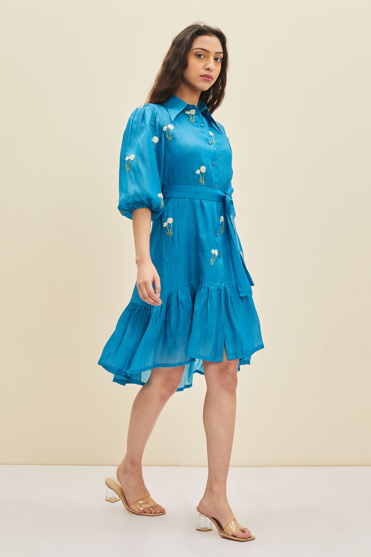 Blue Floral Ruffle Mini Dress