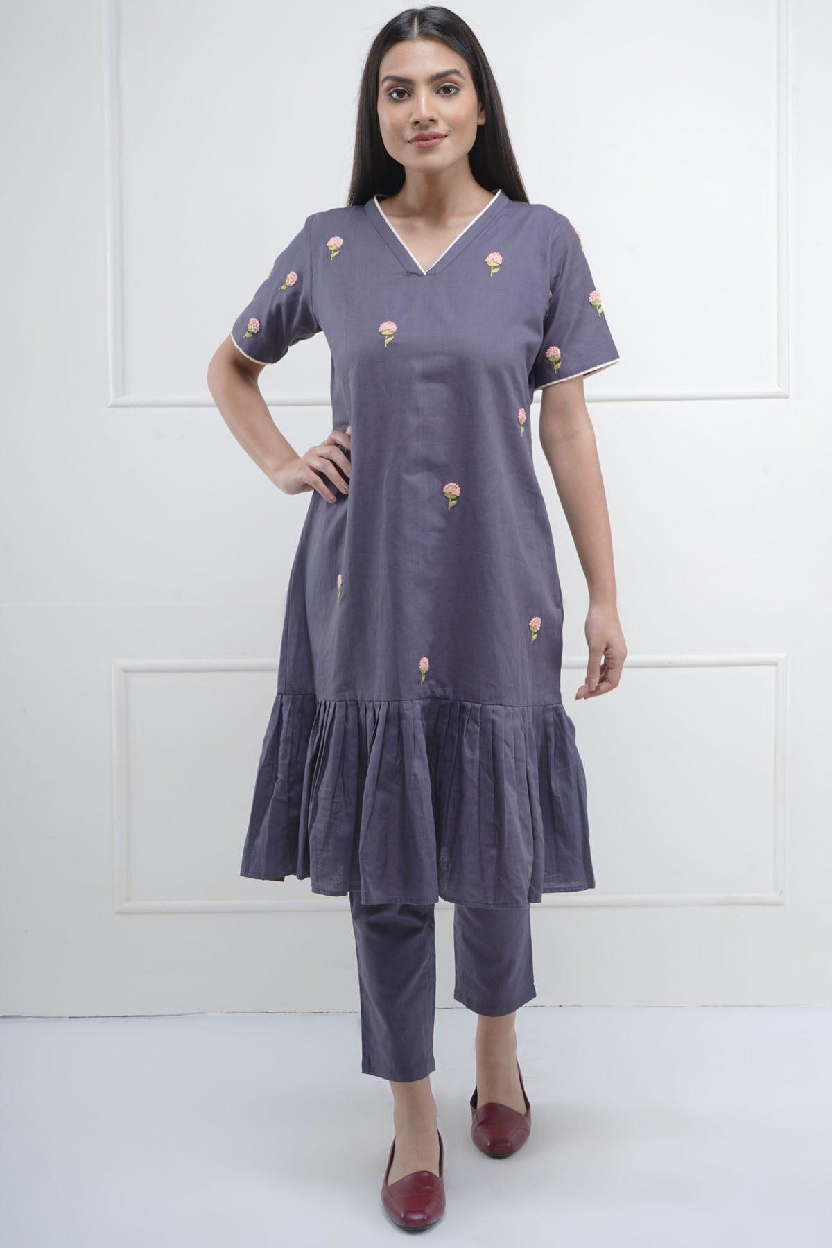 Grey Embroidered Flare Tunic Set
