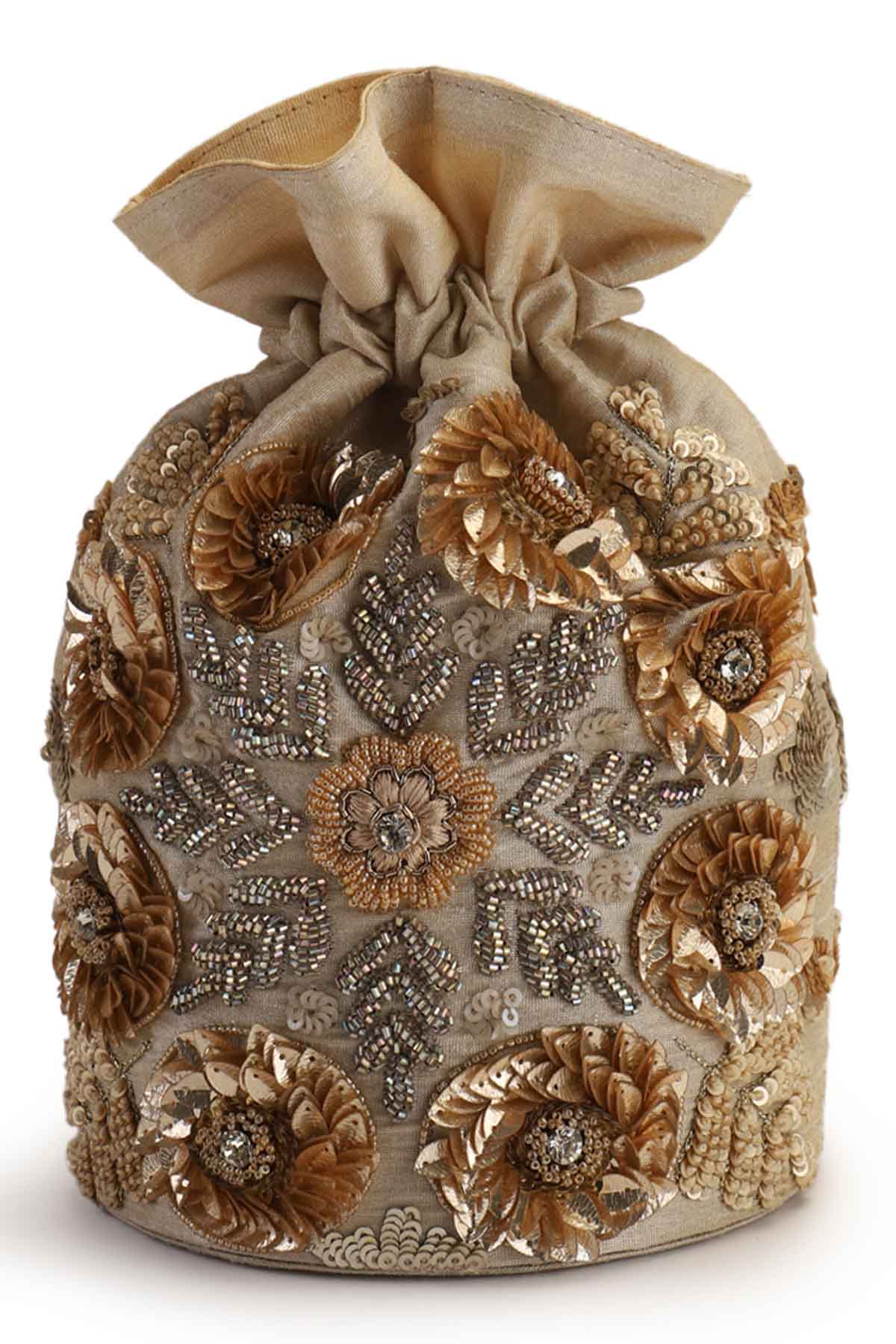 Gold Floral Motifs Potli Bag