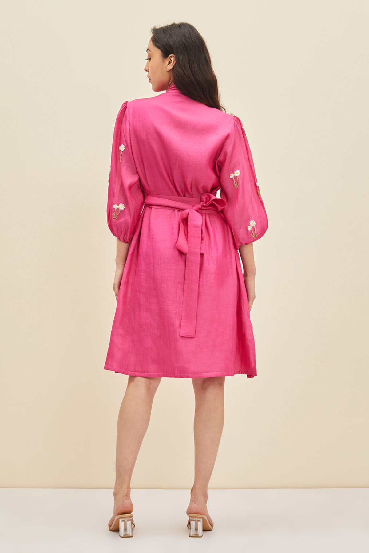Fuchsia Puff Sleeves Midi Dress
