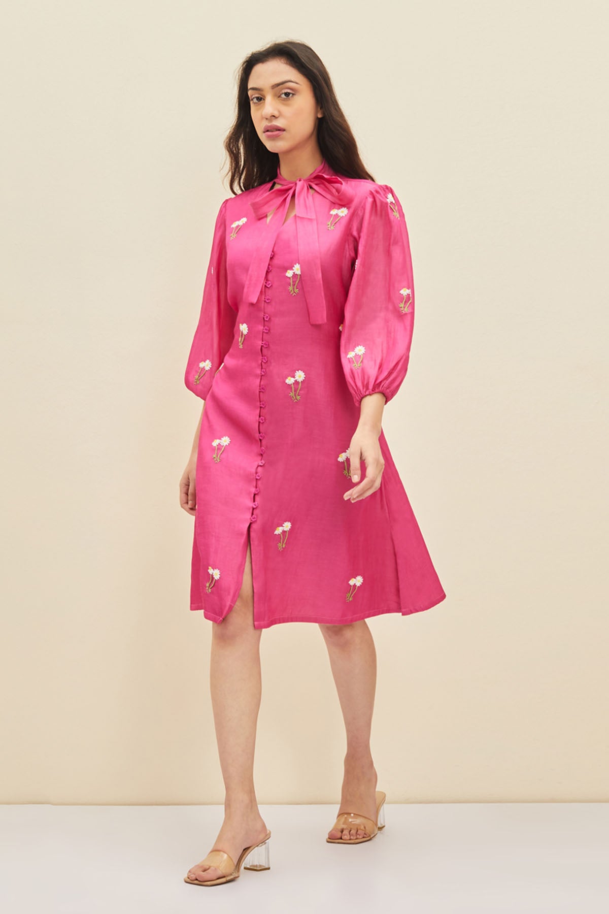 Fuchsia Puff Sleeves Midi Dress