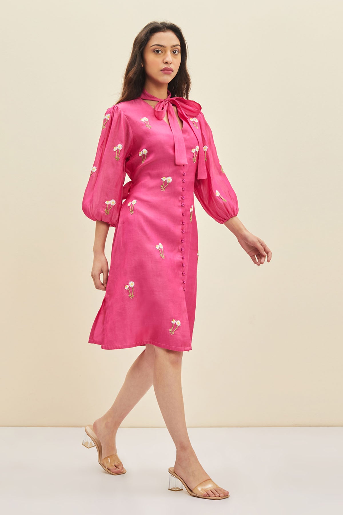 Fuchsia Puff Sleeves Midi Dress