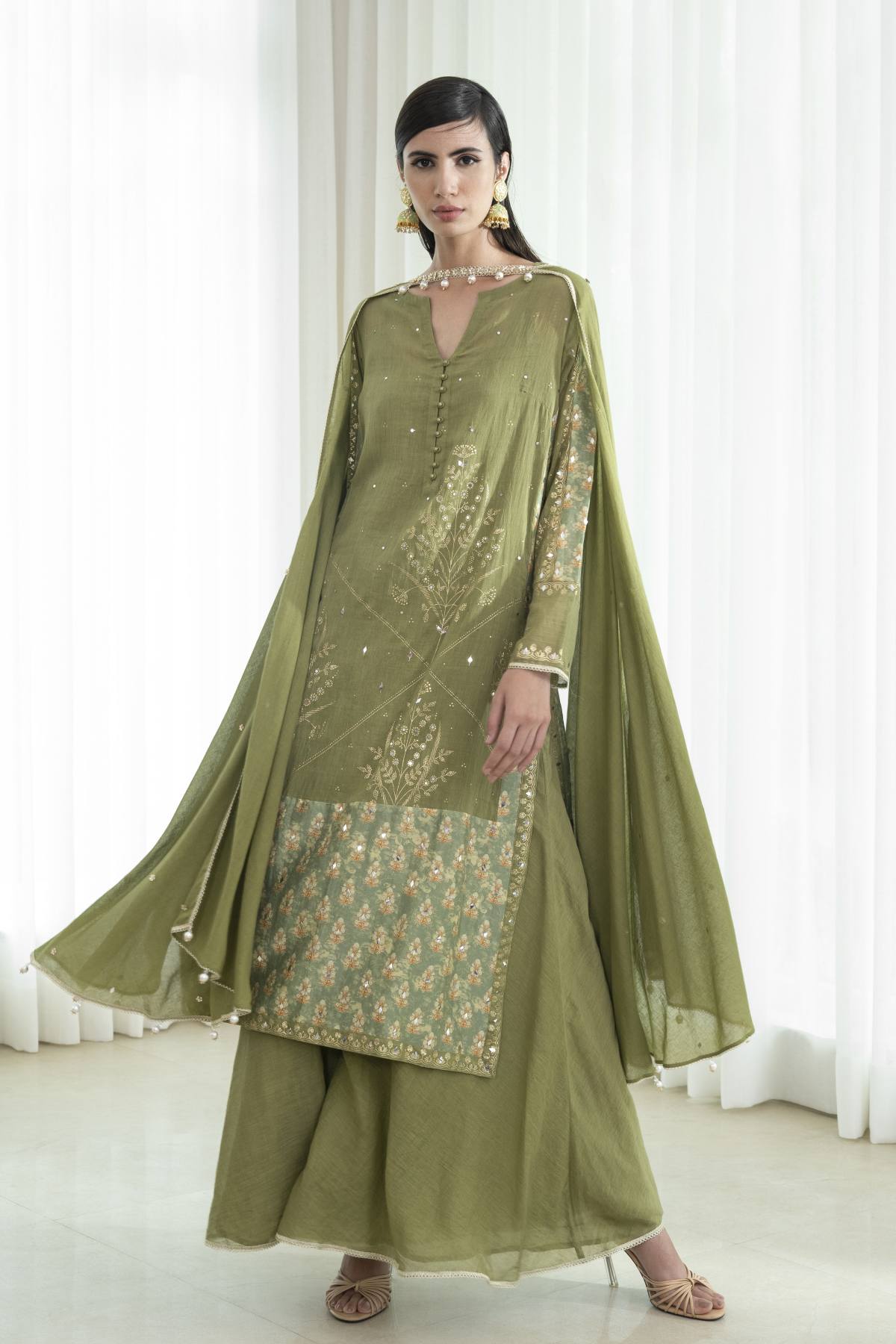Green Foil Printed Sharara Set