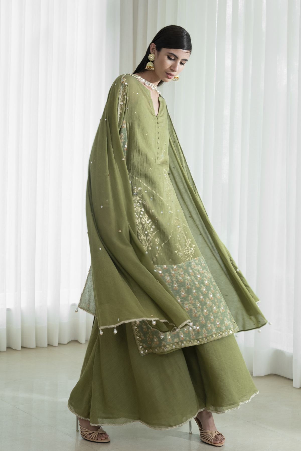 Green Foil Printed Sharara Set