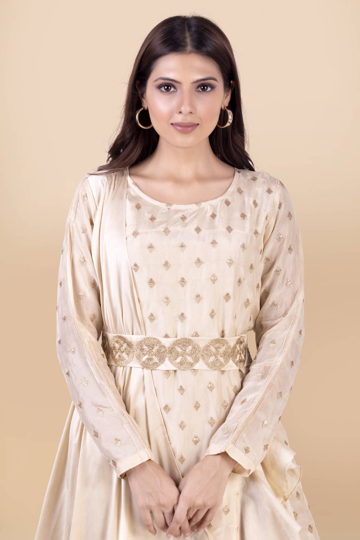 Cream Frill High-Low Dhoti Set