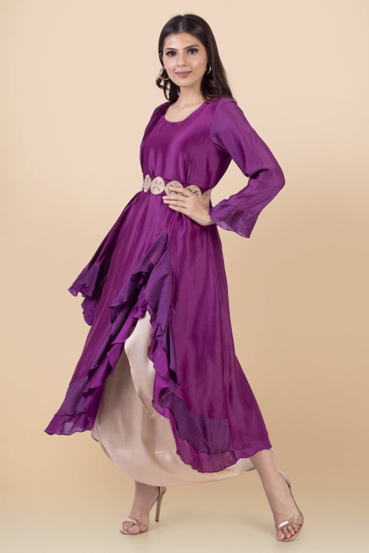 Purple Frill High-Low Dhoti Set