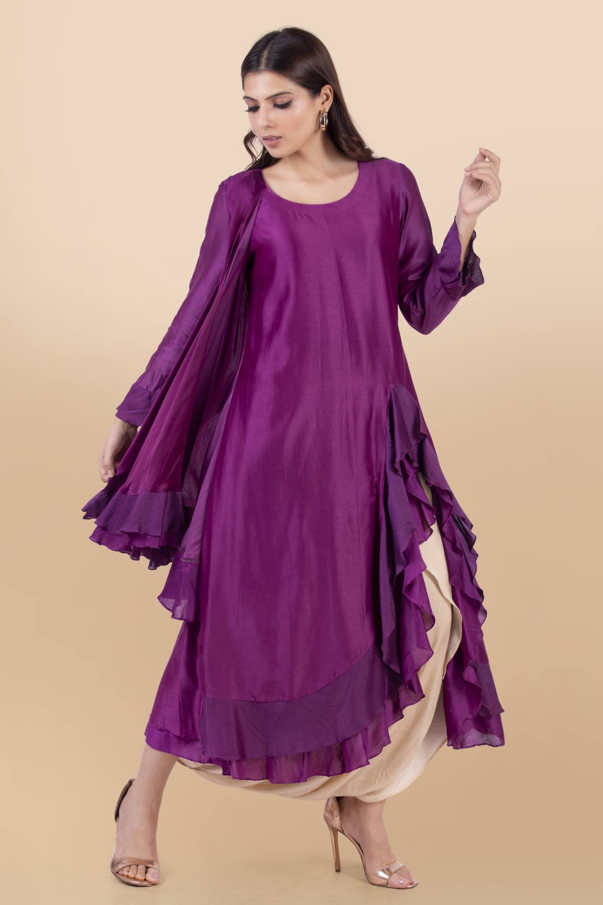 Purple Frill High-Low Dhoti Set