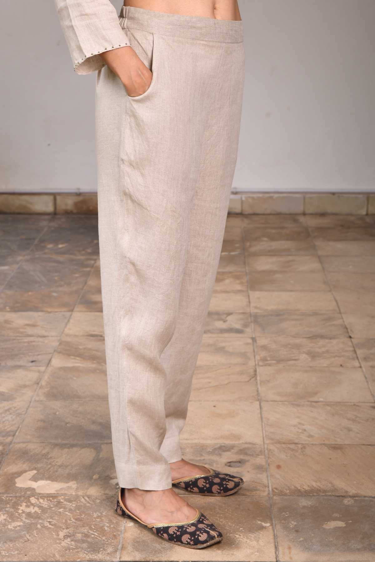 Beige Linen Front Pleated Pants