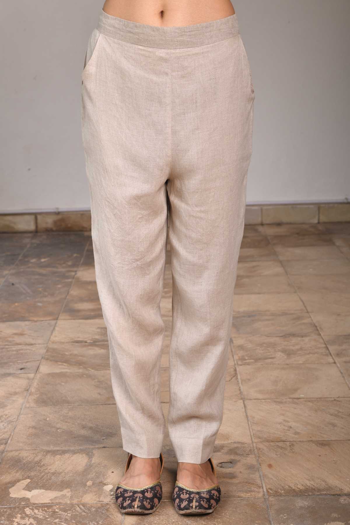 Beige Linen Front Pleated Pants