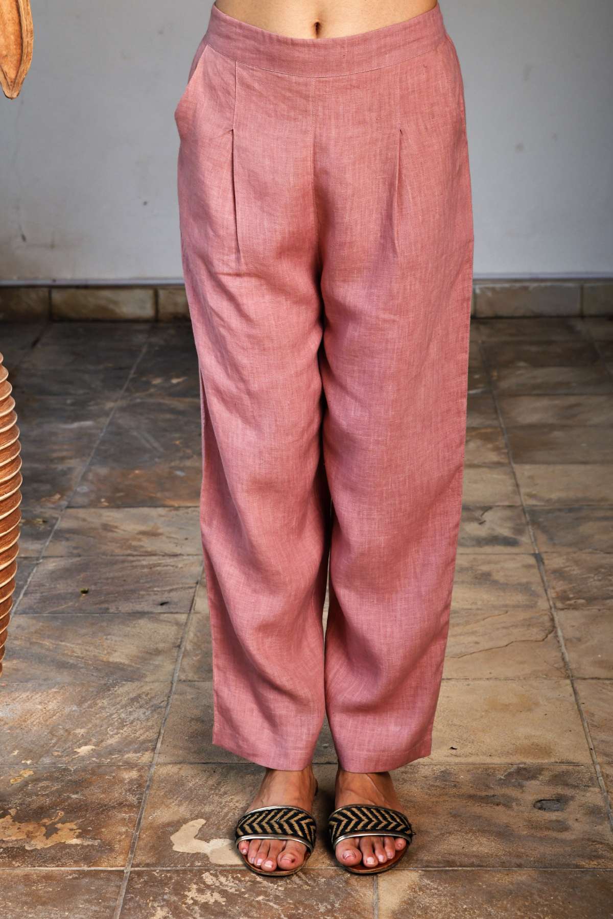 Pink Linen Front Pleated Pants