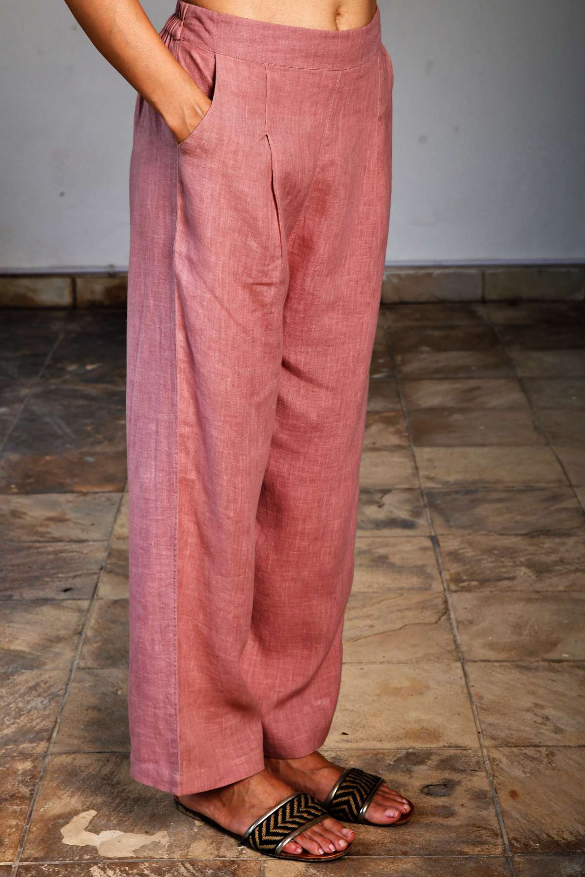Pink Linen Front Pleated Pants