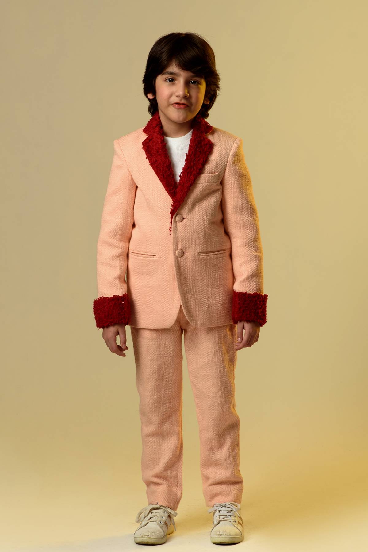 Buy Kids Designer Littleens Coordinated blazer and trouser suit with fur detailed blazer at cuﬀs and lapel paired with trousers Online at ScrollnShops