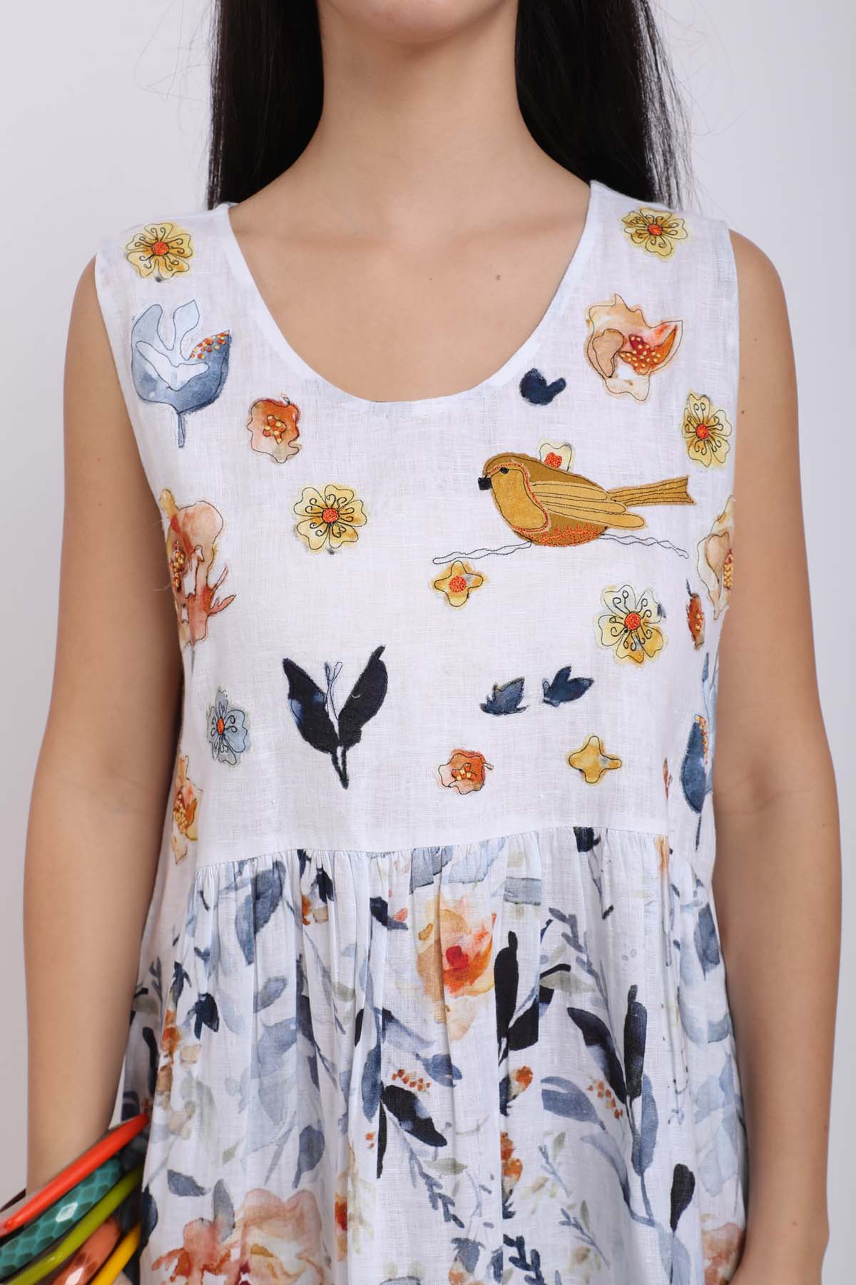 Gathered Bird Printed Dress