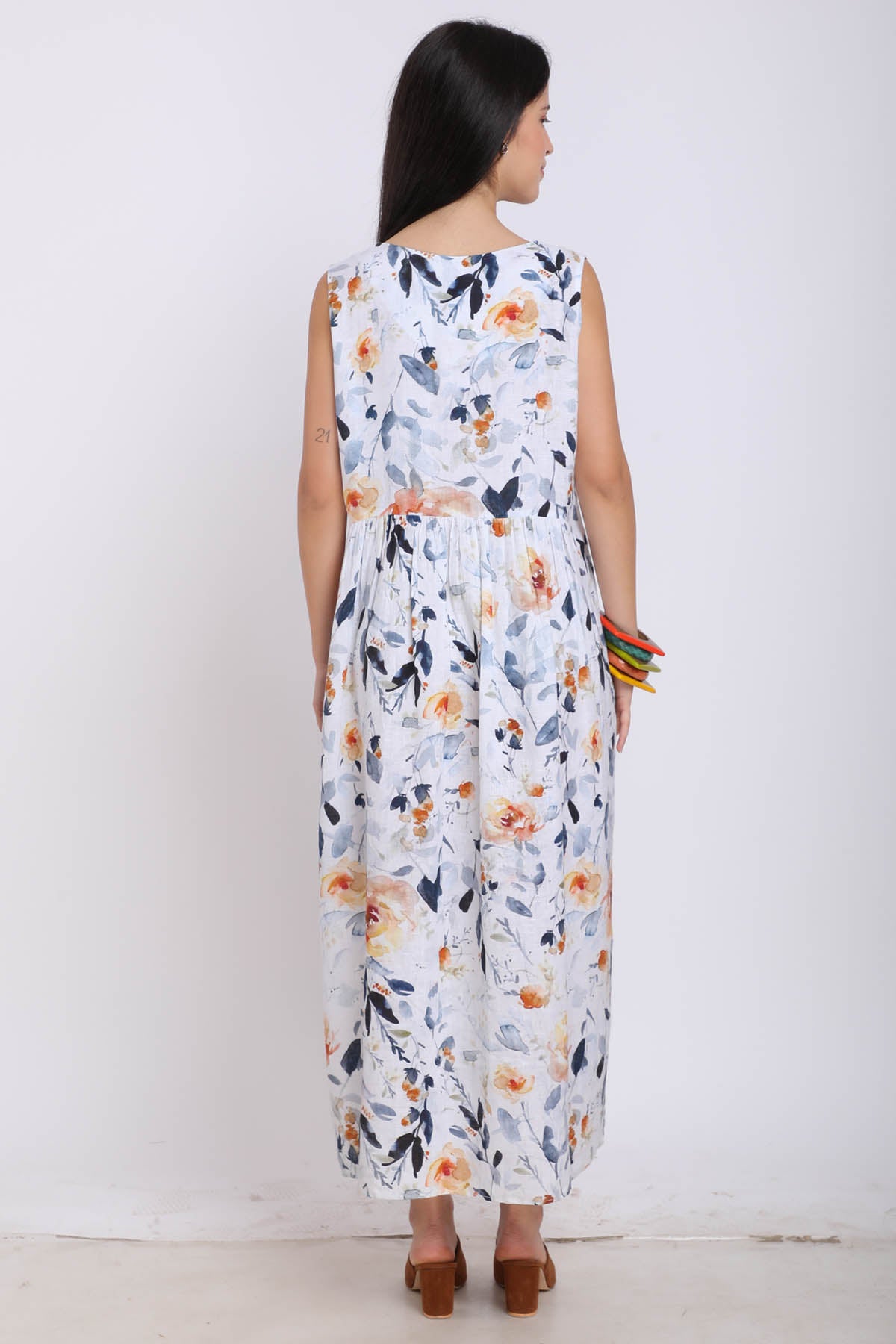 Gathered Bird Printed Dress