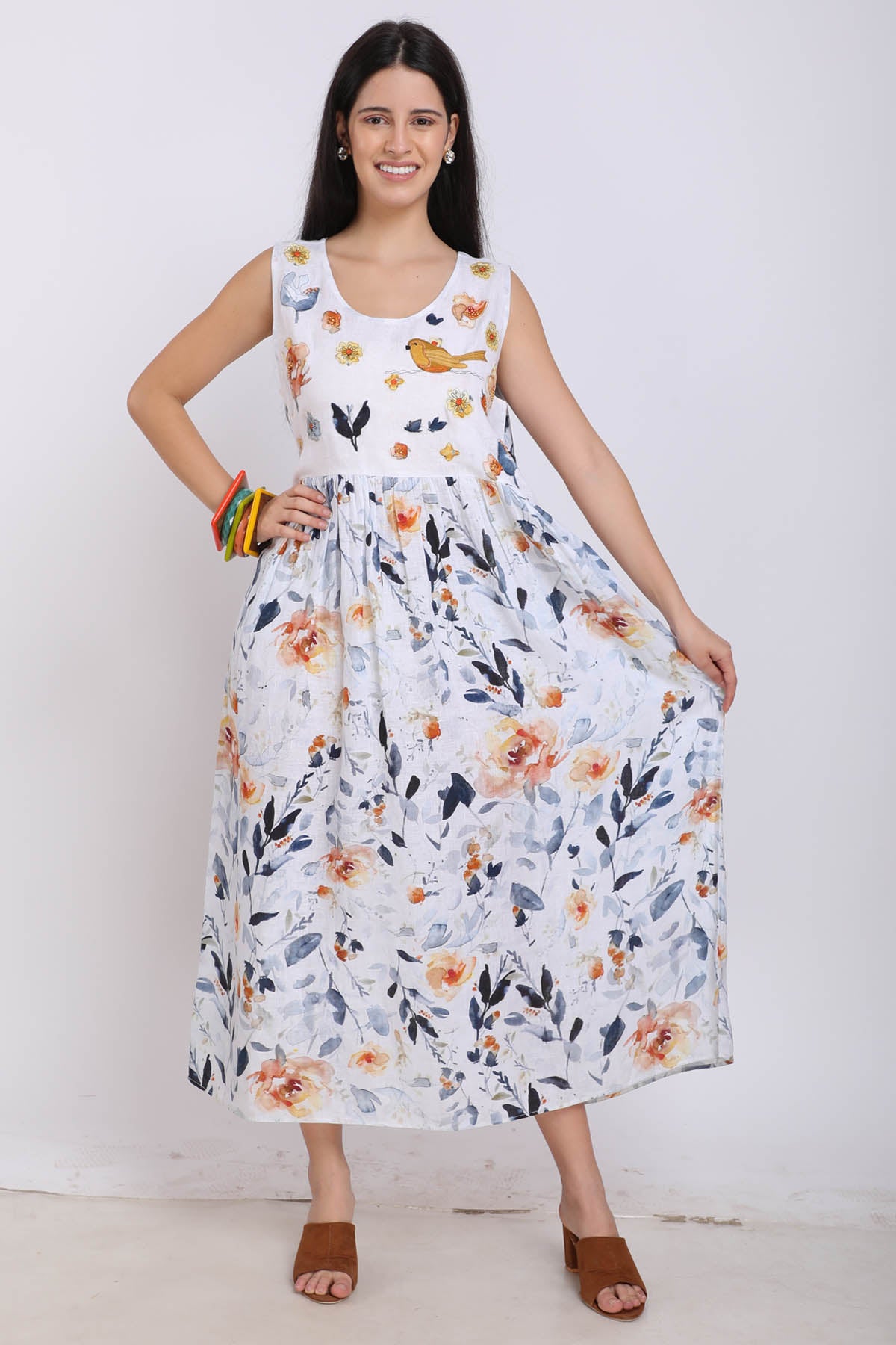 Gathered Bird Printed Dress