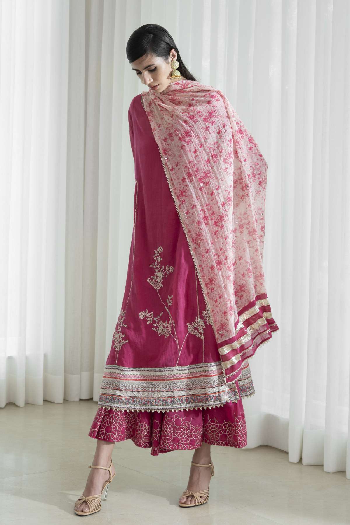 Fuchsia Pink Lace Work Kurta Set