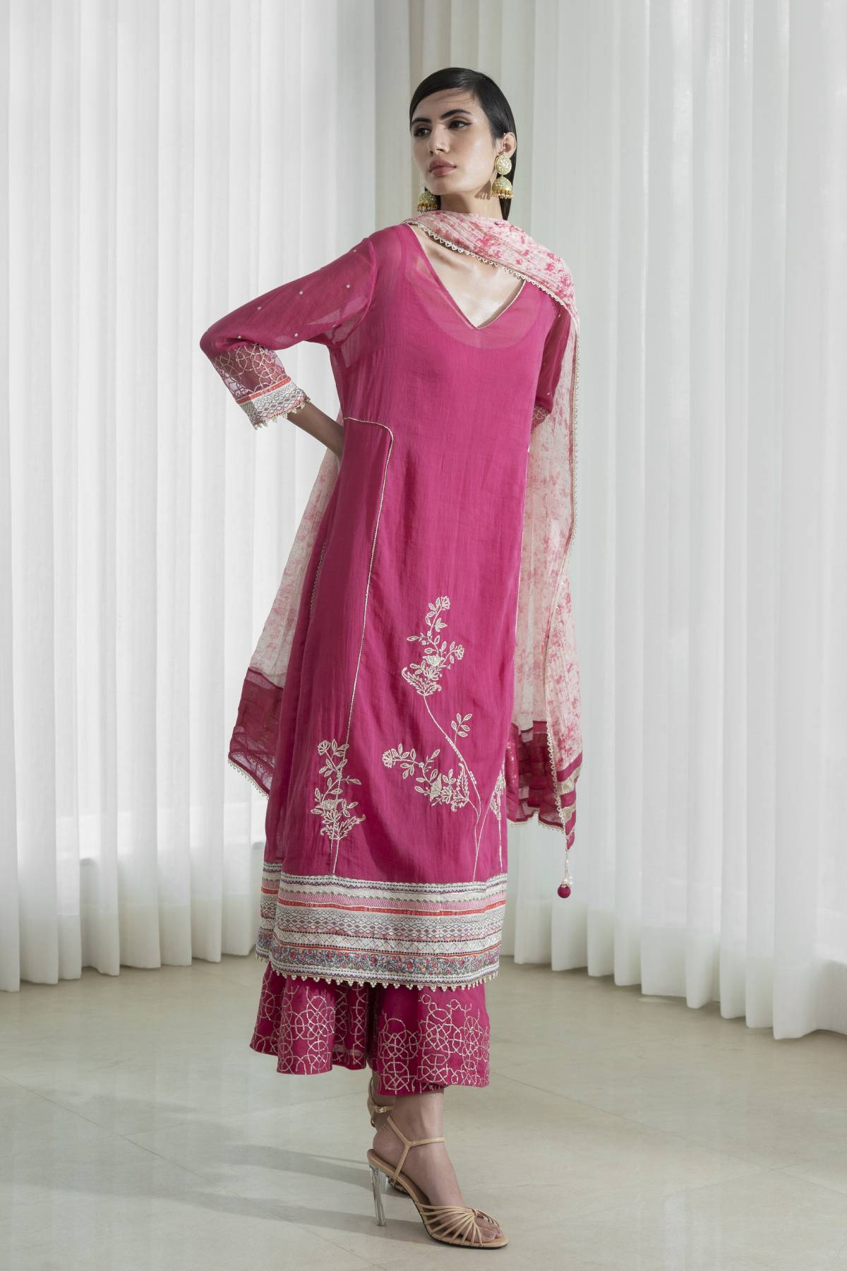 Fuchsia Pink Lace Work Kurta Set