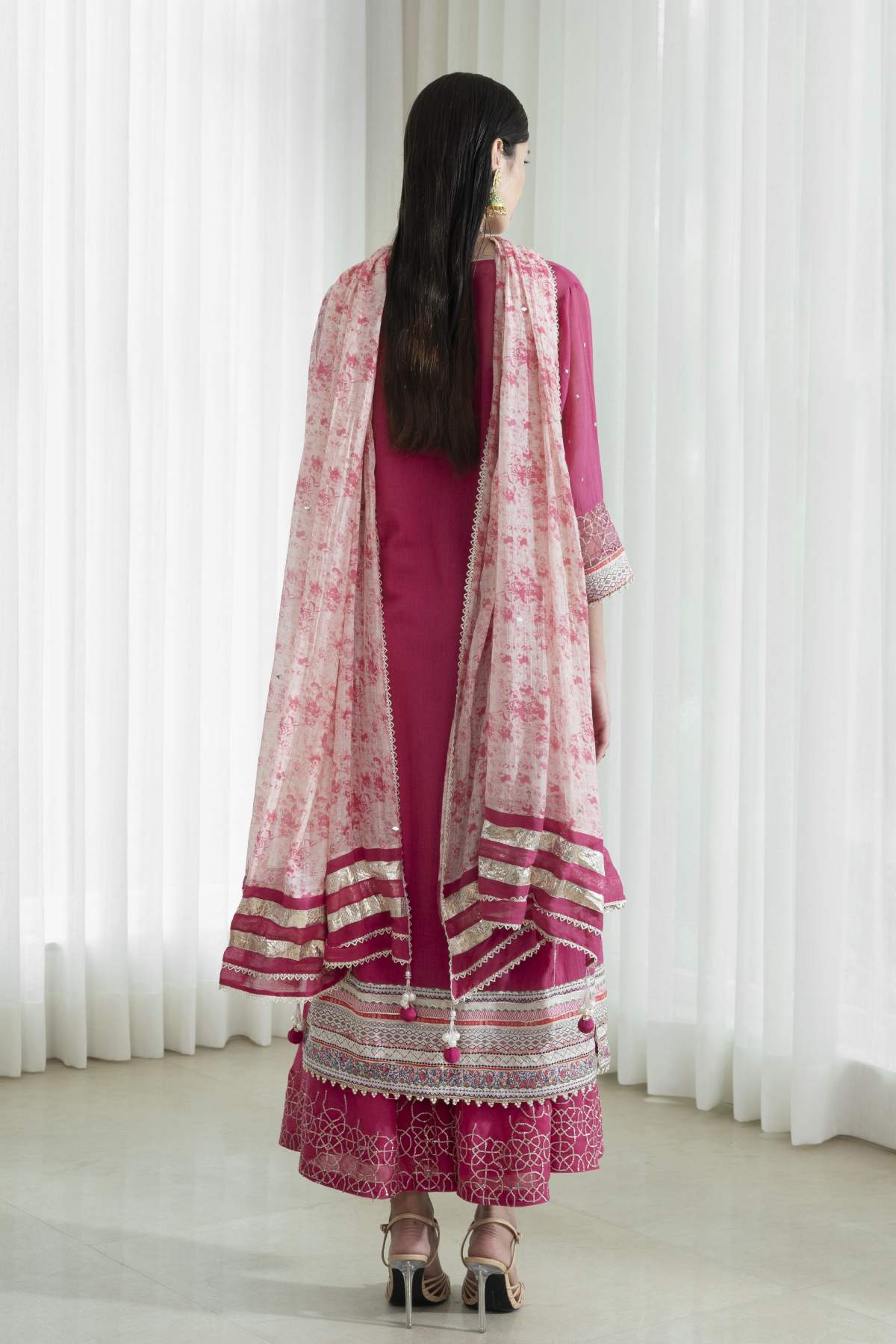 Fuchsia Pink Lace Work Kurta Set