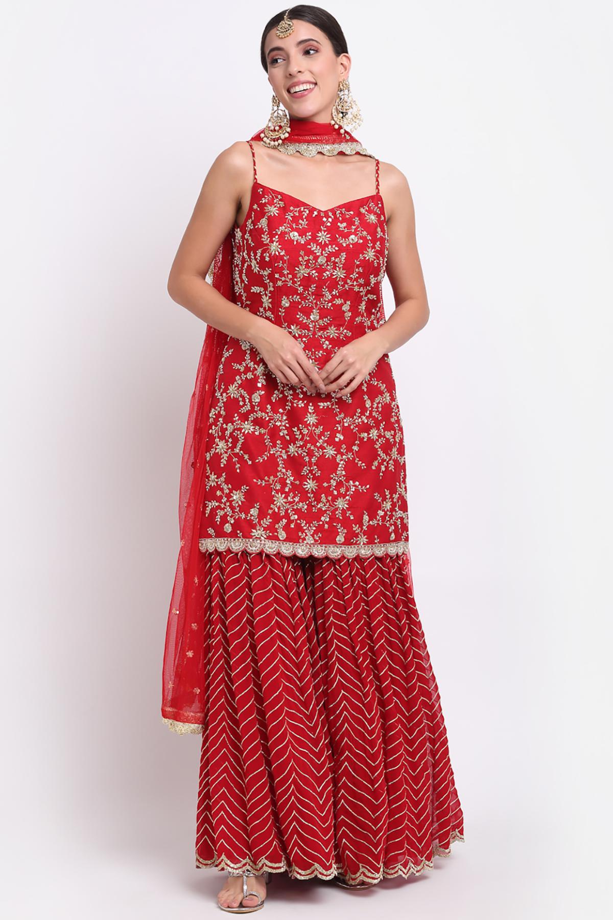 Red Sleeveless Short Kurta Set