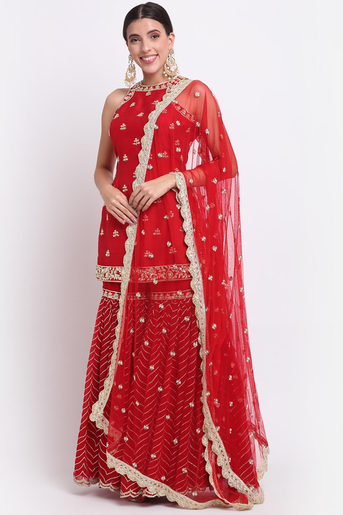 Red Zardosi Gota Sharara Set