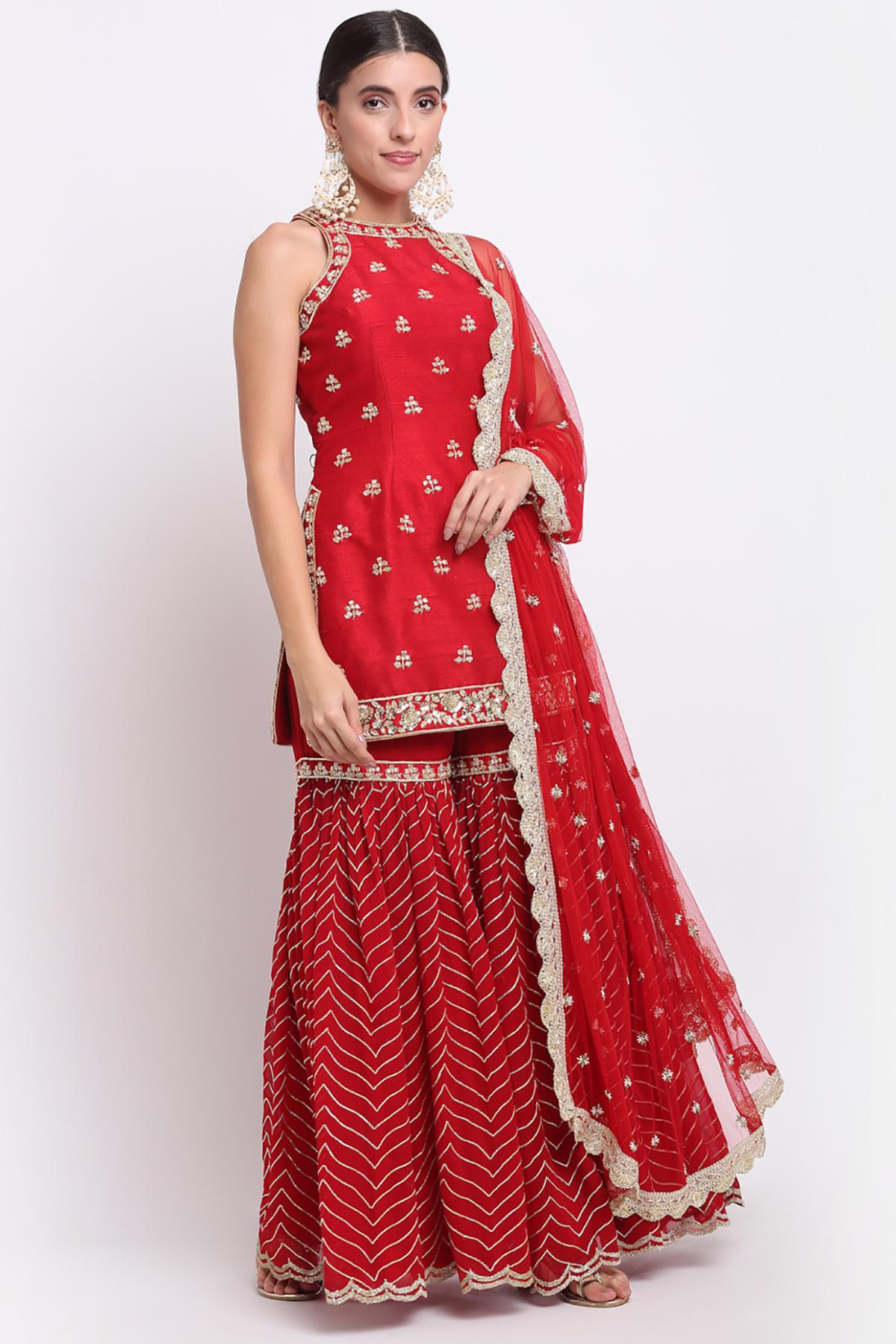 Red Zardosi Gota Sharara Set